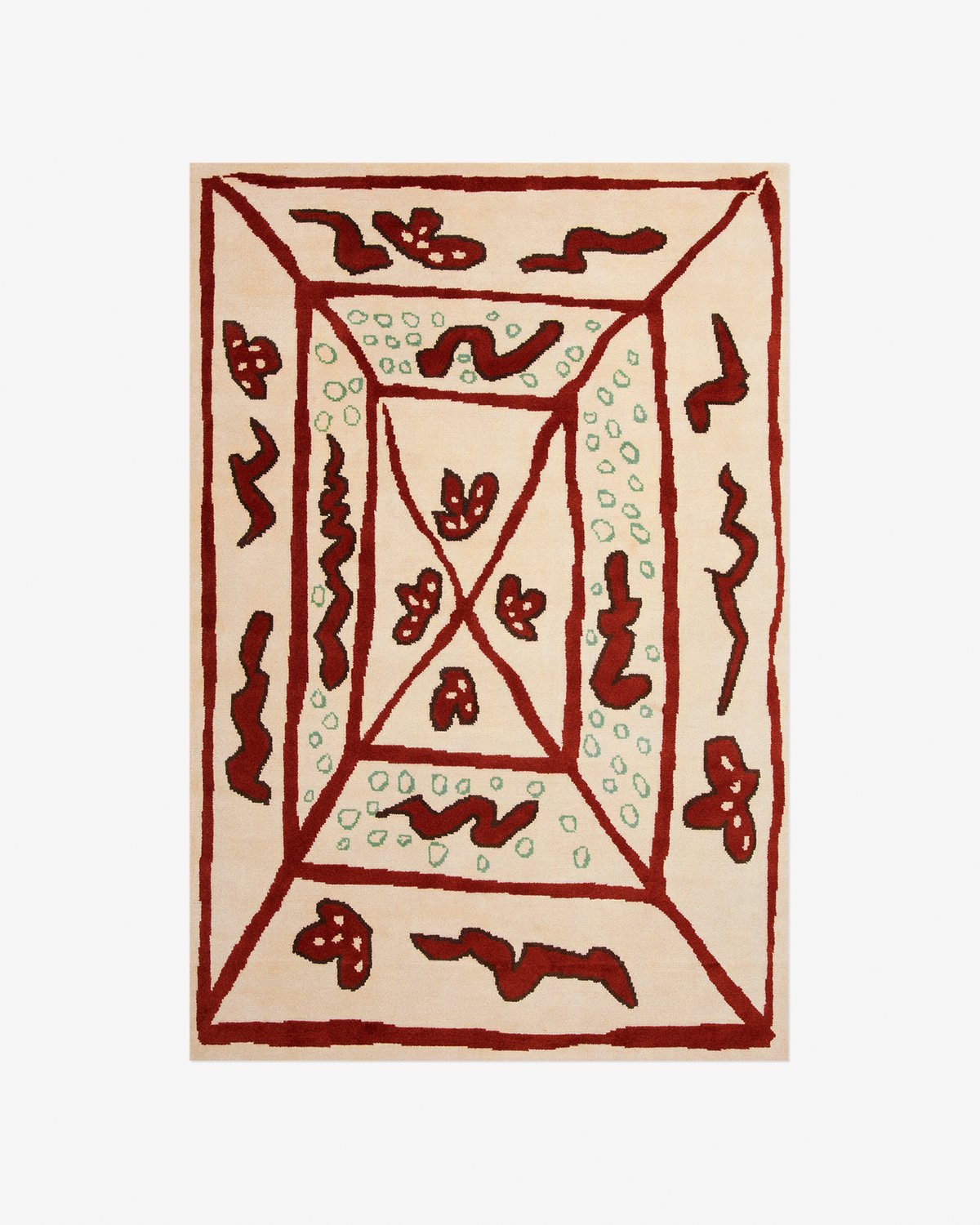 Product image of Walled Garden in Beige. A patterned wool rug in soft beige with earthy red details, inspired by hidden gardens and overgrown blooms.