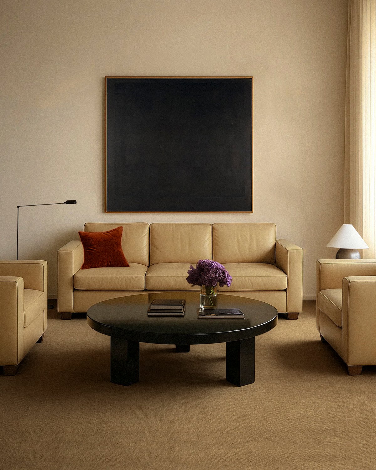 Avenue Wall-to-Wall carpet in Chestnut, styled in a living room with beige seating and a black coffee table, showing its smooth, dense surface in a warm chestnut brown tone.