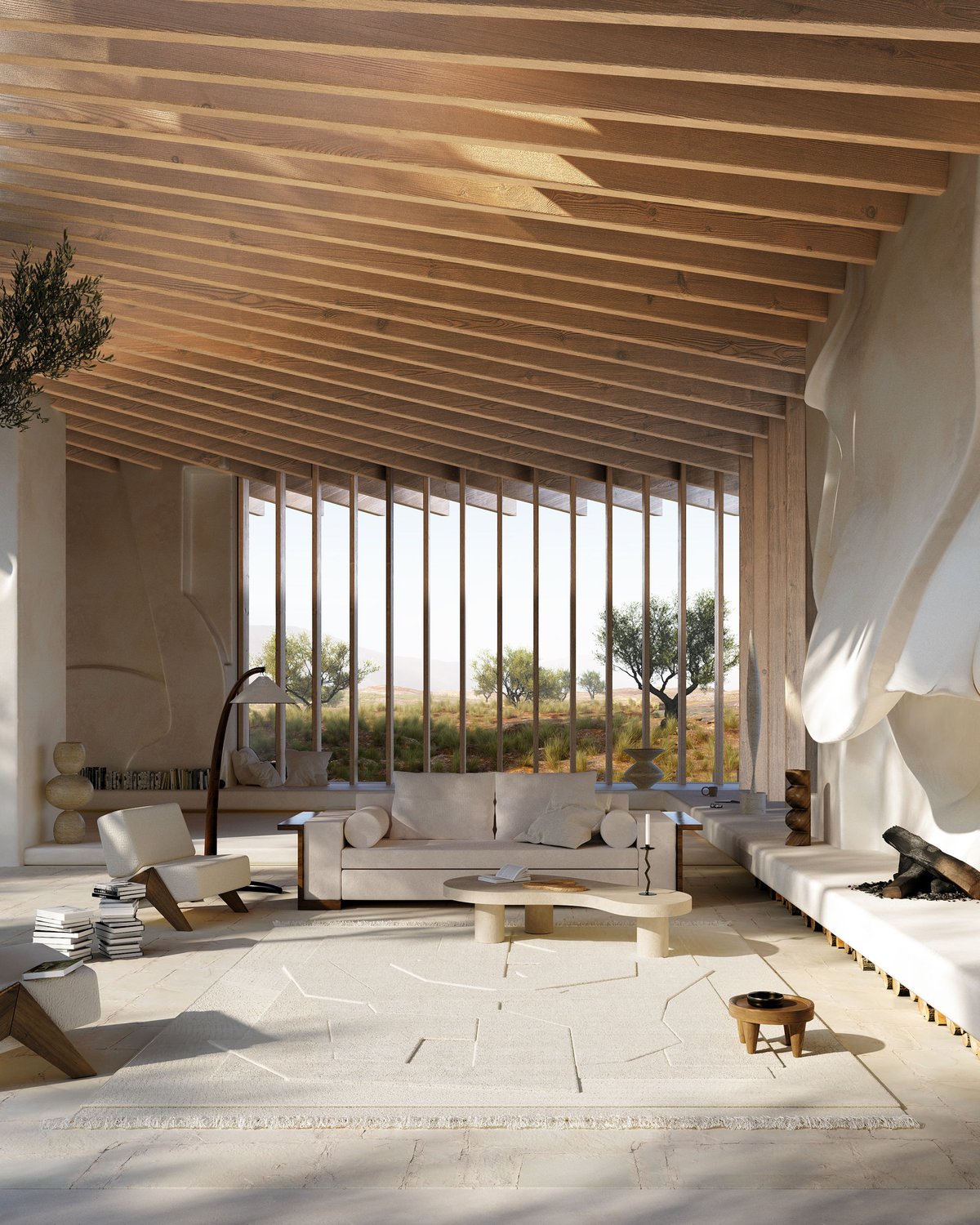 Plush wool rug Arje Face pictured in a digitally created image of a modern spacious living room with neutral bright colors.