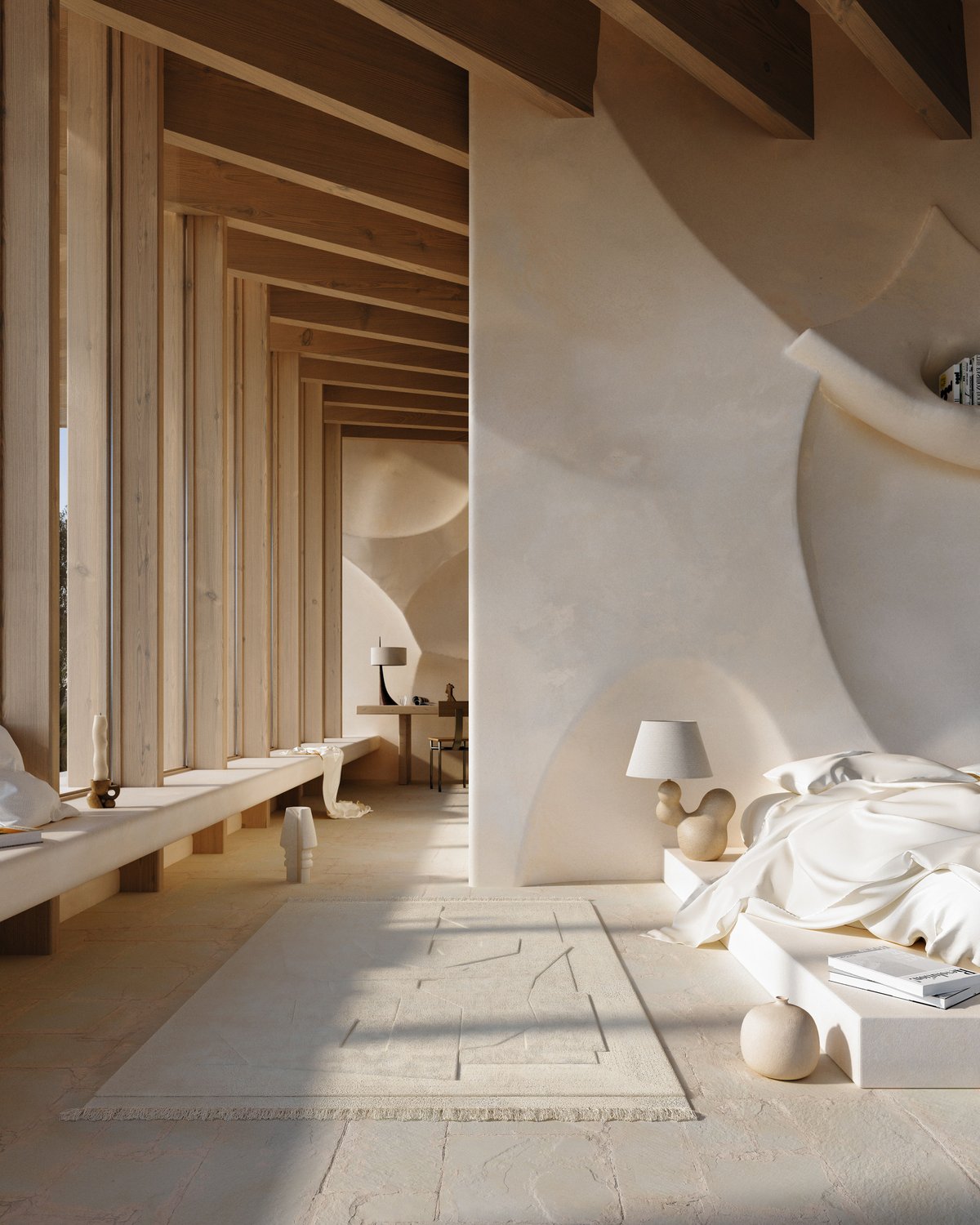 Render of the Family rug showcased in a dreamy room with huge windows facing the plains.