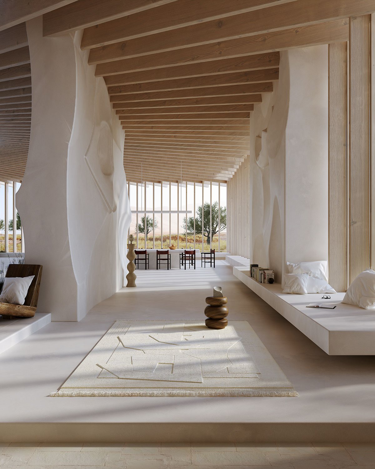 Flauschiger Wollteppich Family von ARJÉ für Nordic Knots fotografiert in einem hell erleuchteten Flur mit hohen Decken und cremefarbenen, kunstvollen architektonischen Details.