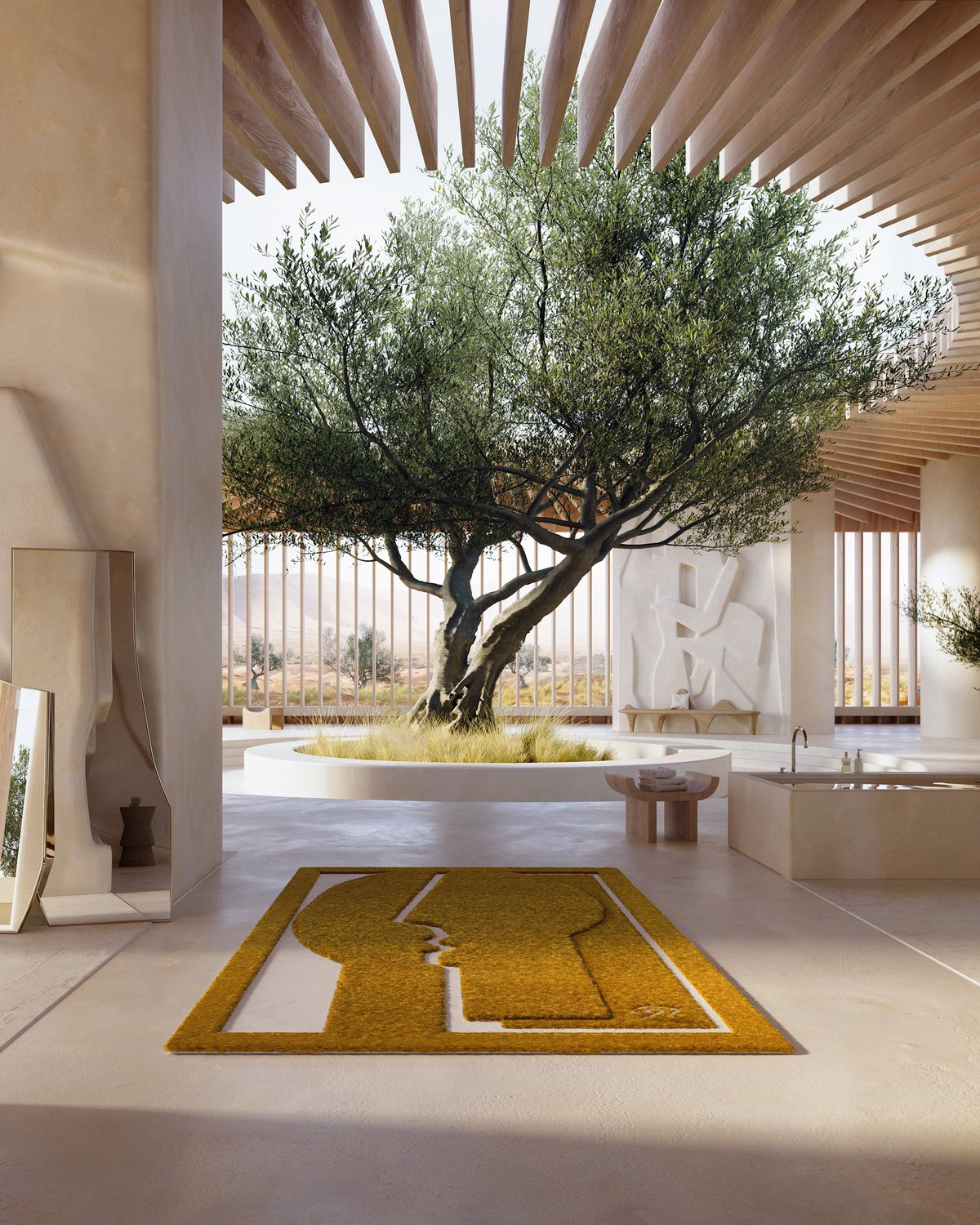 Rendering des Teppichs Face in einem traumhaften Raum mit riesigen Fenstern mit Blick auf die Ebene.