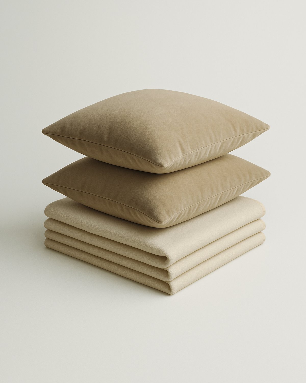 Housses de coussin Teddy Velvet en Sand posées sur des plaids Heritage pliés en Cream, photographiées sur fond clair et épuré.