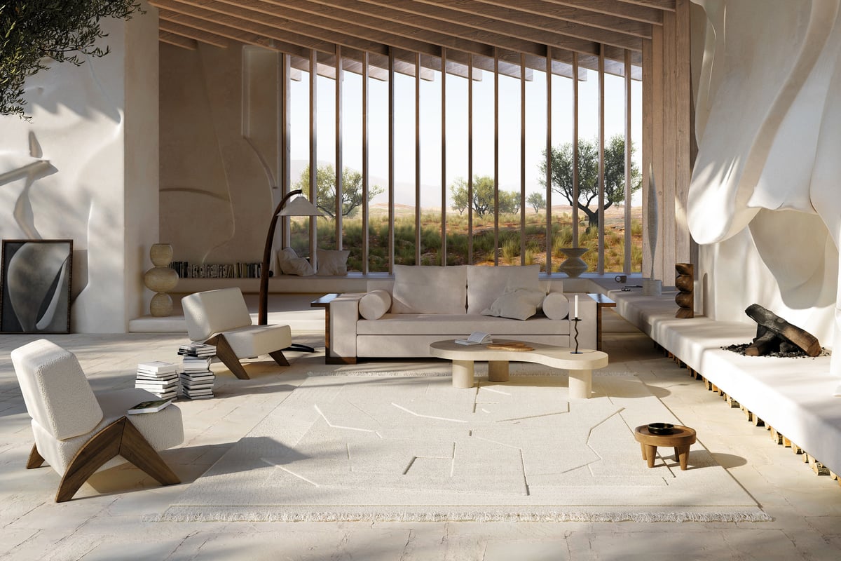 Rendering eines traumhaften, inspirierenden Raumes mit dem Teppich Family und mehreren Möbelstücken, entworfen vom Designerduo Arjé.