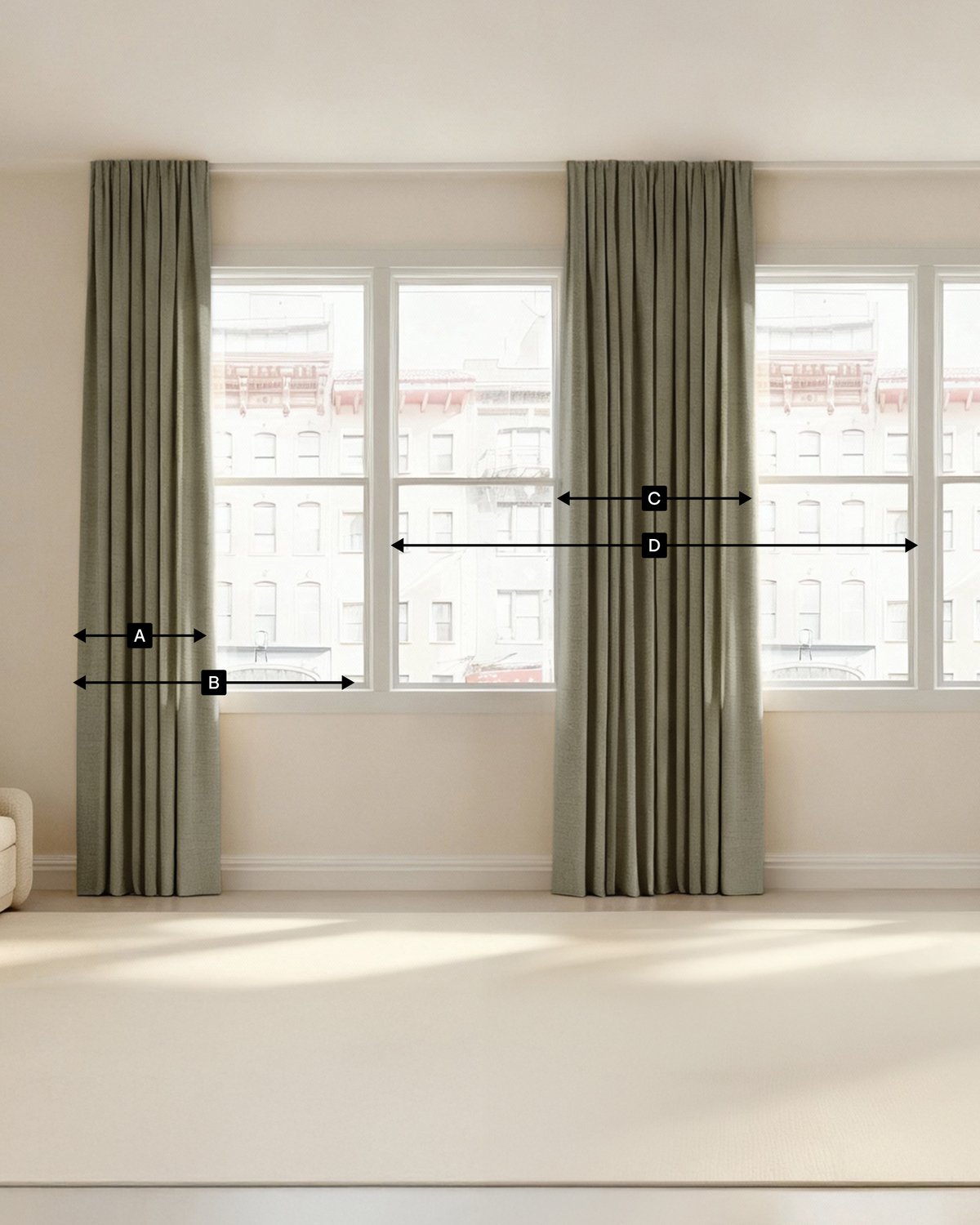 Curtain measurement guide showing key widths (A–D) across a multi-panel window setup.