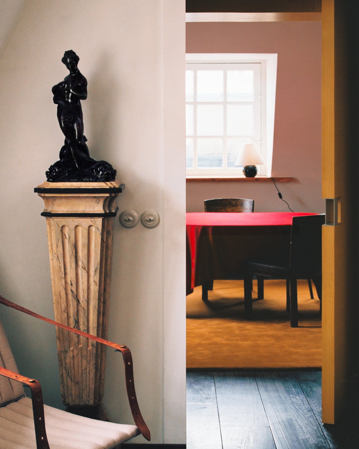 Grand in Pecan, photographed from a doorway in warm light beneath a dining table with a red tablecloth.