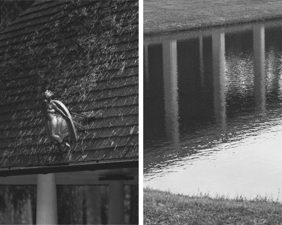 Bildkollage av ett tak med en metallskulptur och en strand i svartvitt.