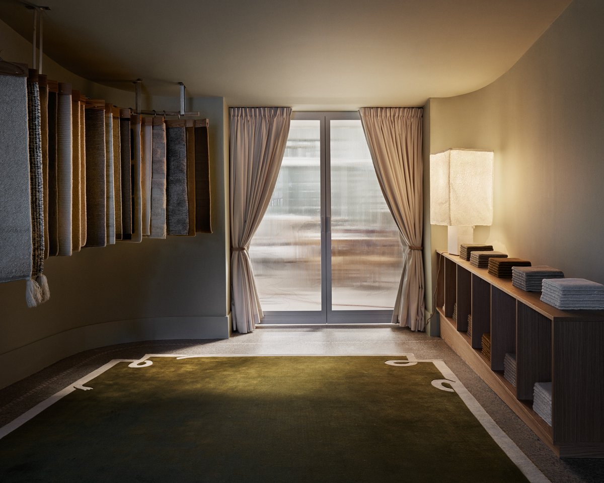 Plush wool rug Loops in Green pictured in the Nordic Knots Stockholm flagship store.