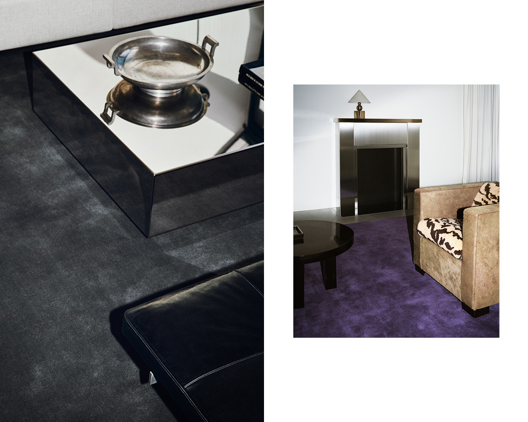 Collage photos picturing plush wool rugs Grand in Lilac and Pencil Gray in a modern, minimalistic living room.