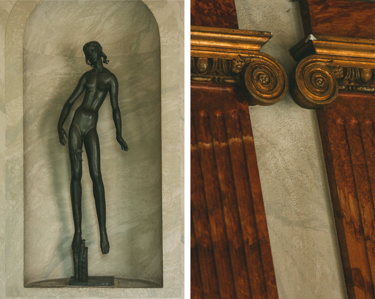 Ett bildcollage av en metallskulptur och träpelare med gulddetaljer.