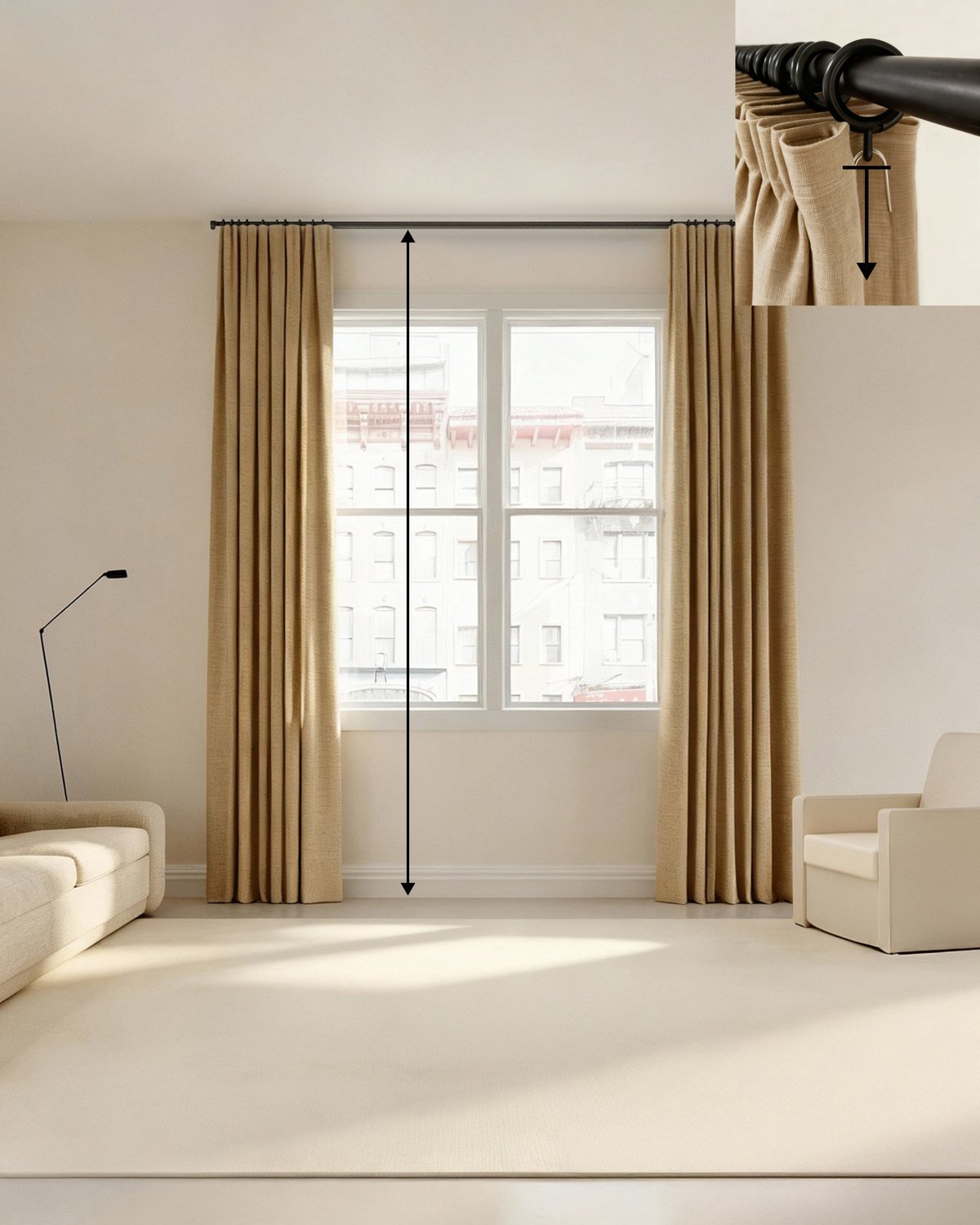 Measure the full curtain drop from the top of the track to the floor, including the hanging height from the rings.