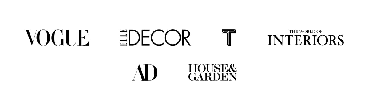 Presse-Collage mit Logos von Vogue, Elle Decor, T Magazine, The World of Interiors, Architectural Digest und House & Garden.
