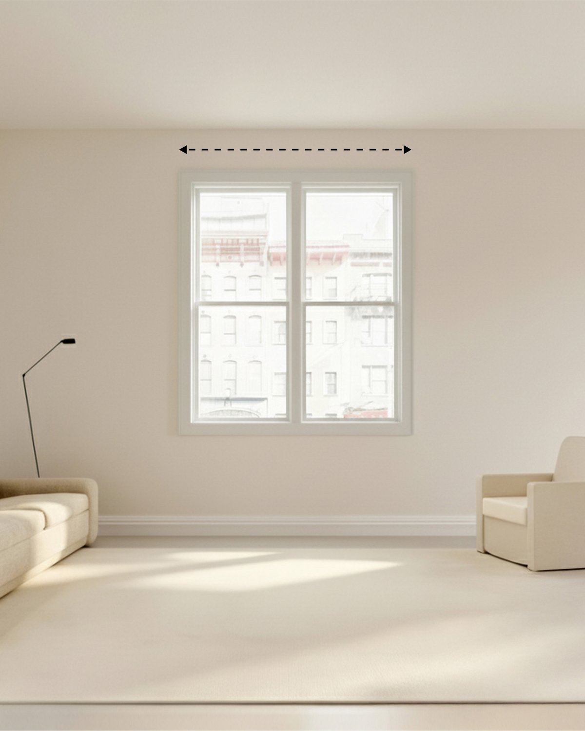 Arrow indicating the recommended curtain rail width above the window.