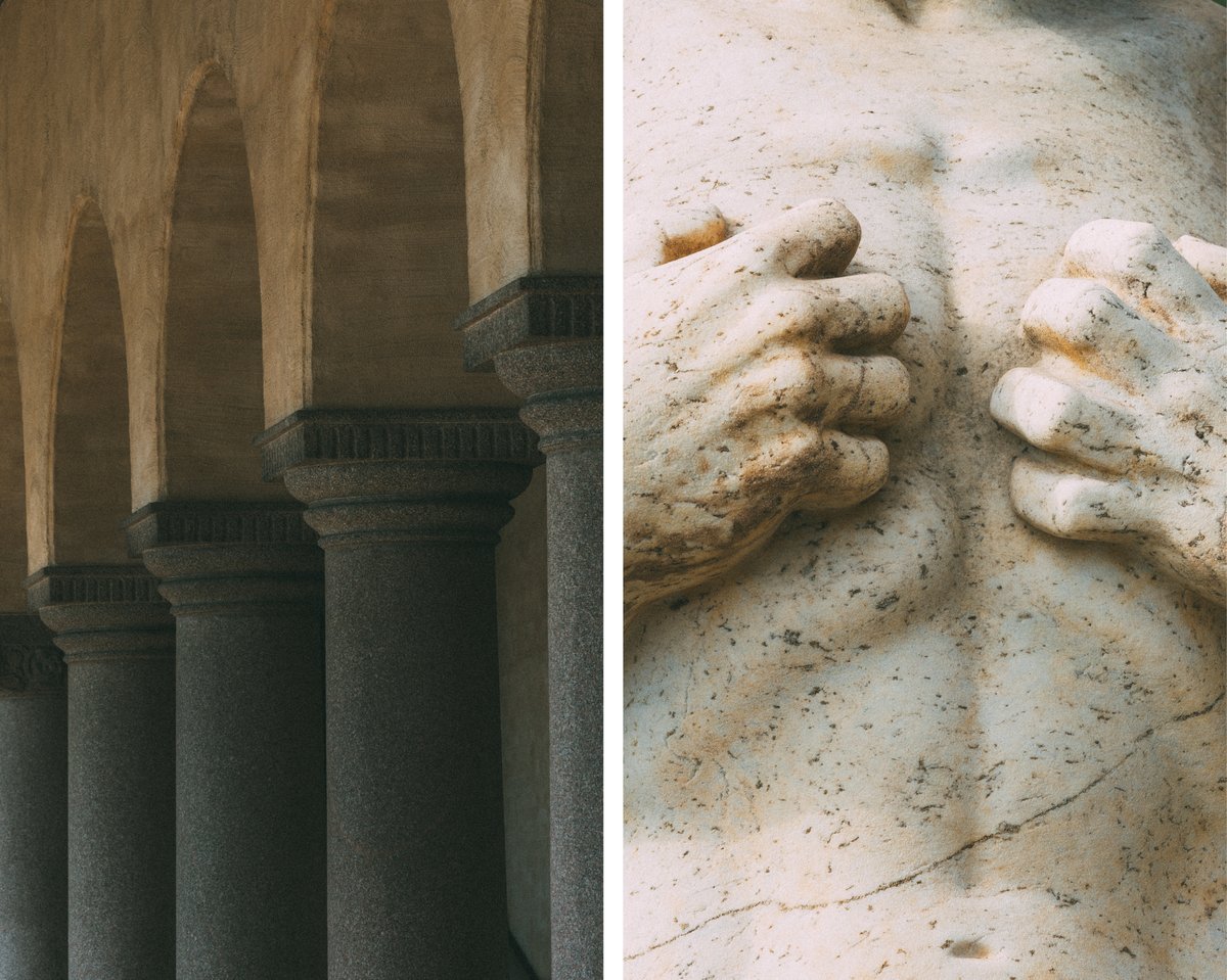 Bildcollage med stenpelare med valv och en marmorbyst.
