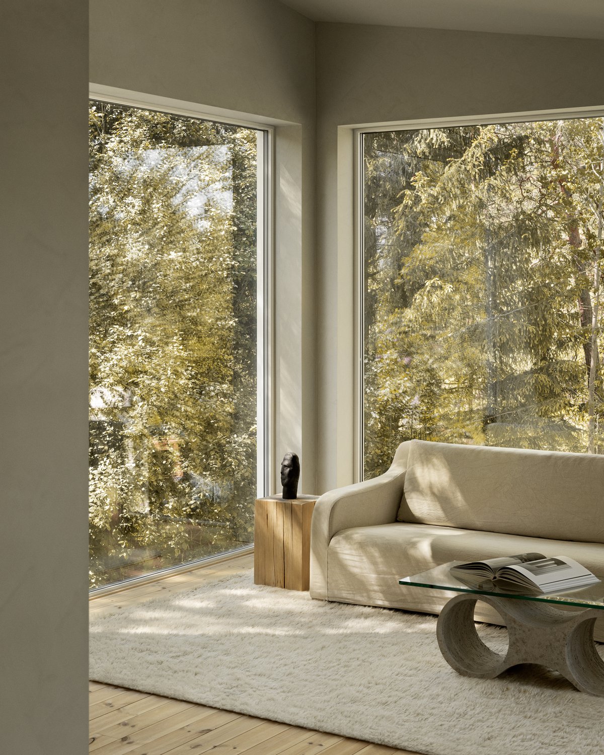 Fields Dusty White rug pictured in a contemporary living room with large windows which show the forrest.