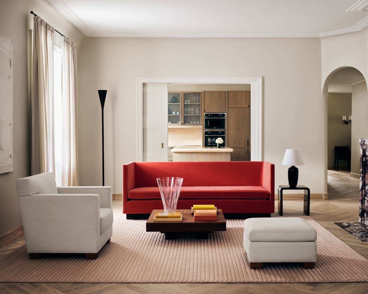 Park 02 - Rose rug pictured in a living room with a red couch.